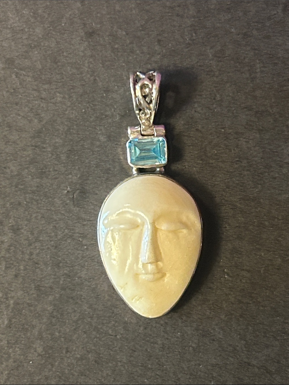 .925 Sterling Blue Topaz Hinged Moon Carved Goddess Pendant